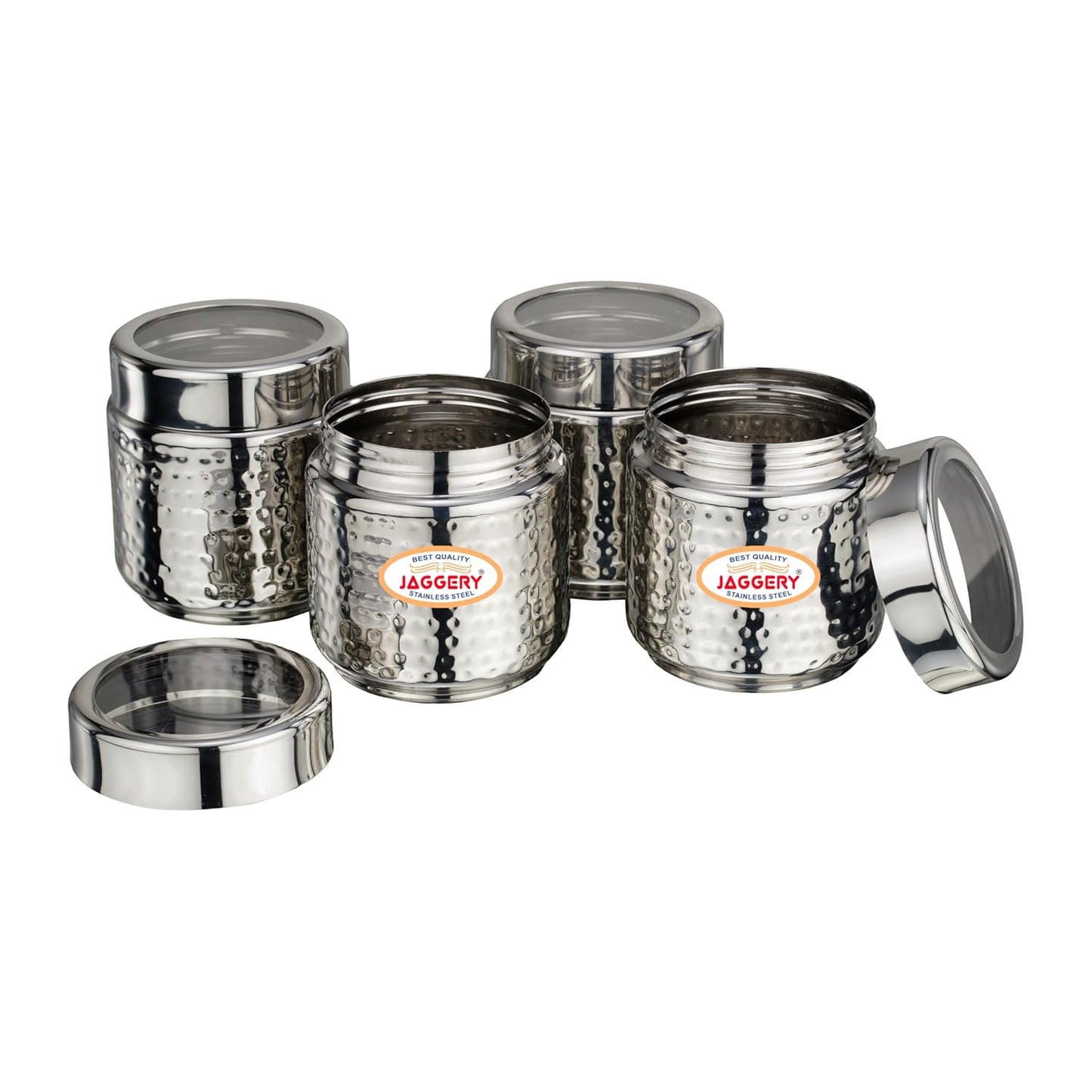 JAGGERY Stainless Steel Kitchen Storage Containers with Hammered Design, Airtight Lids (200ml,Set of 4)