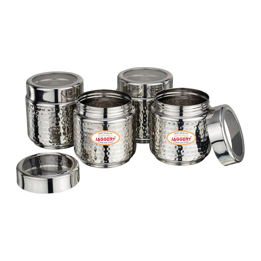JAGGERY Stainless Steel Kitchen Storage Containers with Hammered Design, Airtight Lids (200ml,Set of 4)