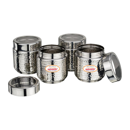 JAGGERY Stainless Steel Kitchen Storage Containers with Hammered Design, Airtight Lids (300ml,Set of 4)