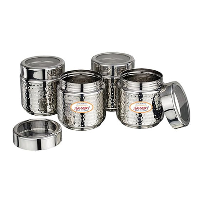 JAGGERY Stainless Steel Kitchen Storage Containers with Hammered Design, Airtight Lids (300ml,Set of 4)