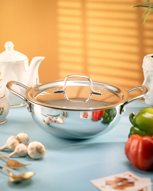 JAGGERY Triply Stainless Steel Extra Deep Kadai with Stainless Steel Lid | Heavy Bottom Induction & Gas Compatible for Deep Frying & Cooking