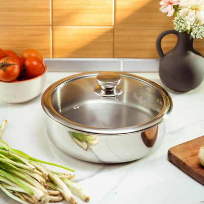 JAGGERY Triply Stainless Steel Shallow Tope with Glass Lid | Induction & Gas Compatible Patila | Cook and Serve | Triply Saucepot No Handles/Fry Pan | Heavy Duty Cookware