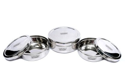 JAGGERY® Stainless Steel Container 3 Pcs Set, Puri Dabba Round Shape -Capacity-800ml,1000ml,1300ml, (Dia-17cm,18.5cm,20cm) Useful to Keep Roti,Chapati and parantha