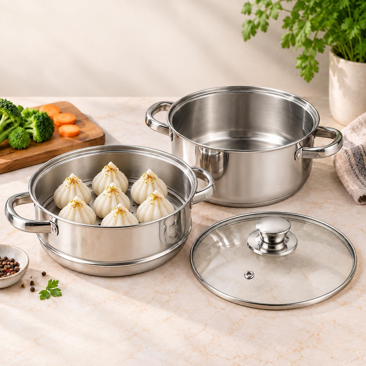 Vinod Stainless Steel 2-Tier Steamer with Glass Lid, 18 cm | 2.5 mm Thick Base