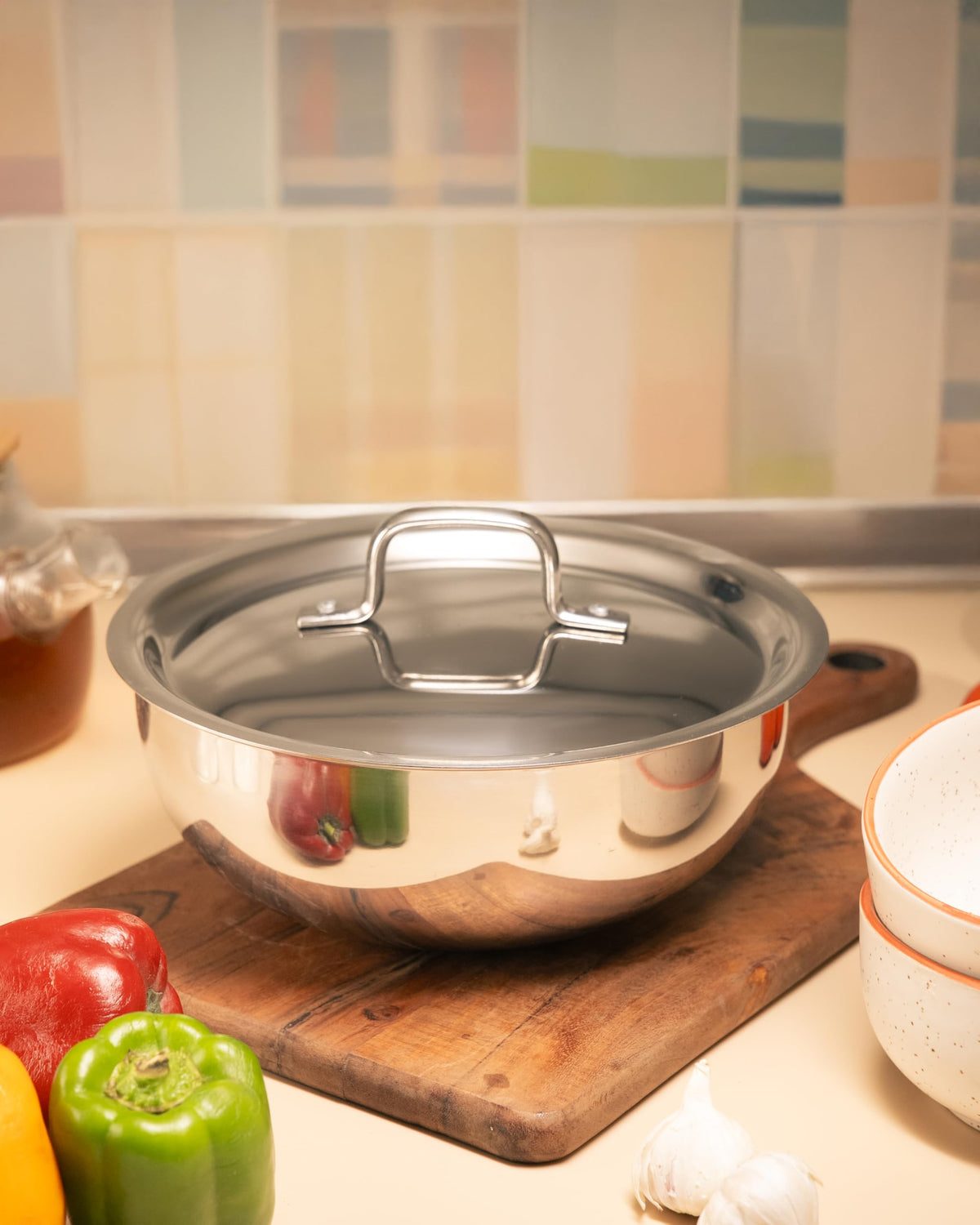 JAGGERY Triply Stainless Steel Cook and Serve Tasla/Tasra with Stainless Steel Lid, Consumes Less Oil, Healthy Cooking, Even Htat Distribution - Induction and Gas Stove Ready