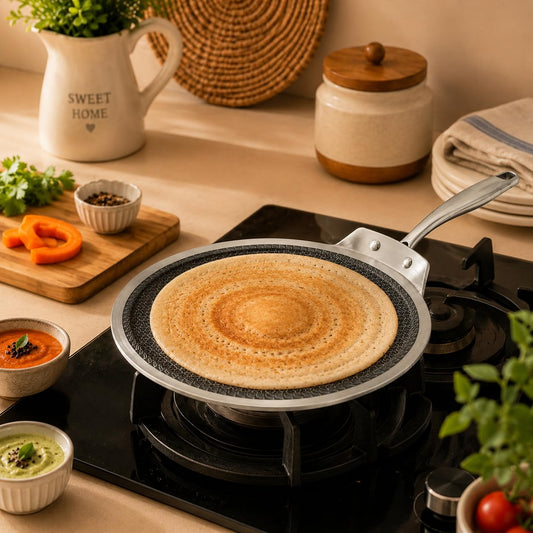 Vinod SAS Pro Platinum Triply Stainless Steel Non Stick Dosa Tawa | HexaShield Design Stick-Resistant Surface Induction & Gas Compatible | PFOA-Free