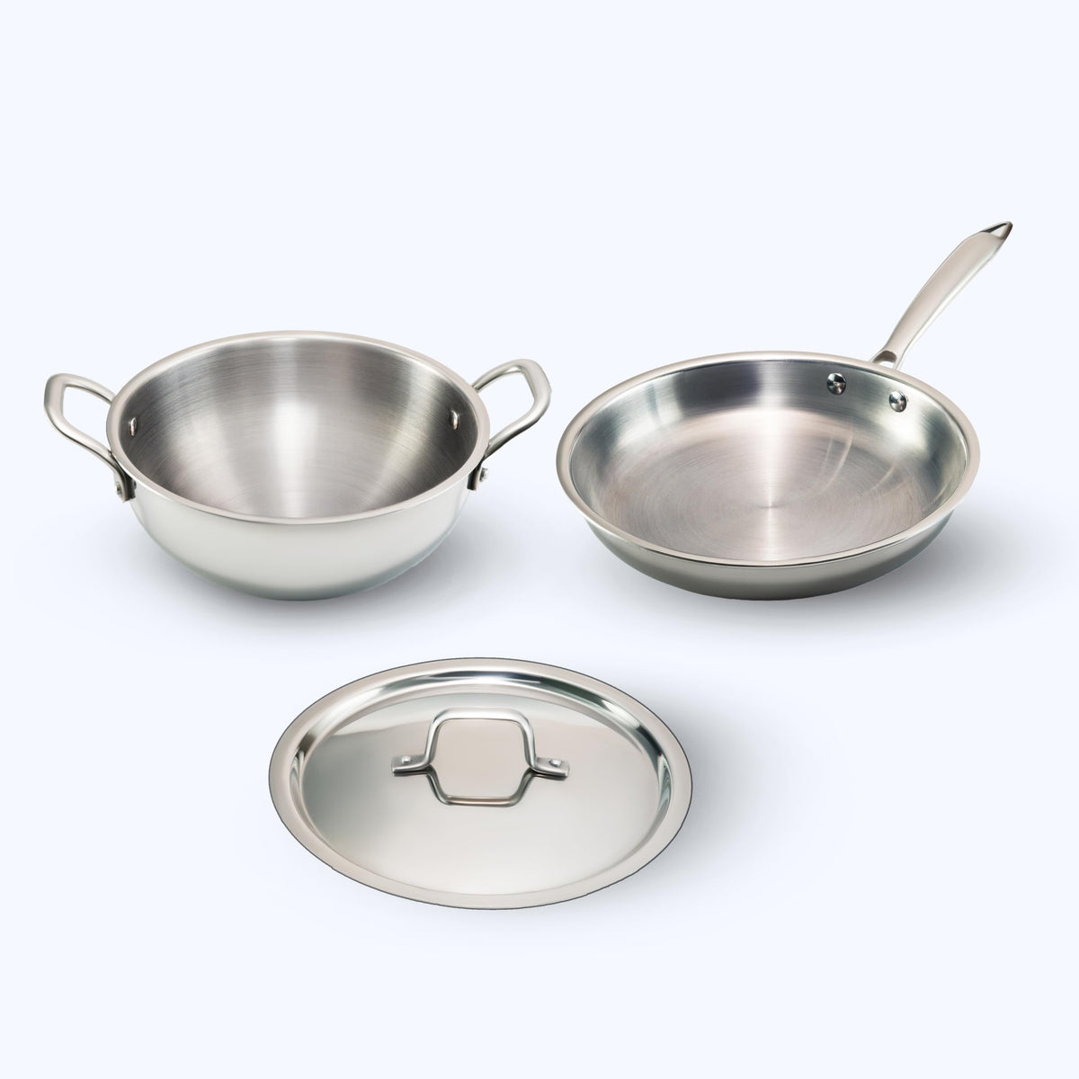 JAGGERY Triply Cookware Combo Set | 3.3 L Deep Kadai with Stainless Steel Lid & 22 cm Frypan | Induction Friendly Triply Stainless Steel Cookware