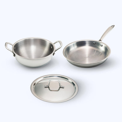 JAGGERY Triply Cookware Combo Set | 3.3 L Deep Kadai with Stainless Steel Lid & 22 cm Frypan | Induction Friendly Triply Stainless Steel Cookware