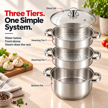 Vinod Stainless Steel 3-Tier Steamer with Glass Lid, 18 cm | 2.5 mm Thick Base