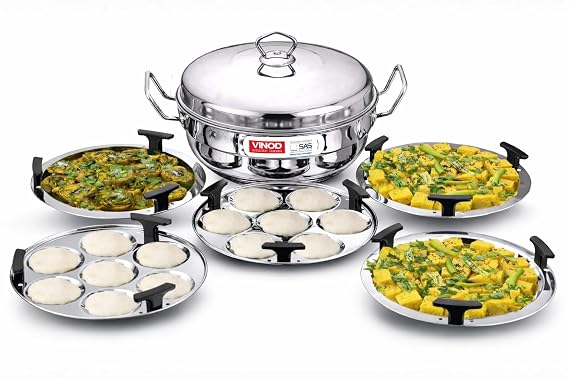 Vinod Stainless Steel Multi Kadai, 26 cm – 5 Plates (2 Idli, 2 Dhokla, 1 Patra) | Heavy Gauge All-in-One Idli Cooker & Steamer |