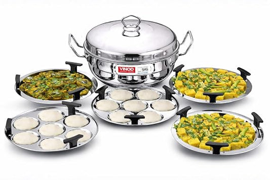 Vinod Stainless Steel Multi Kadai, 26 cm – 5 Plates (2 Idli, 2 Dhokla, 1 Patra) | Heavy Gauge All-in-One Idli Cooker & Steamer |