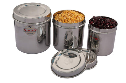 Vinod Stainless Steel Container with Lid - 800 ml, 1 L, 1.2 L, 3 Pieces, Silver