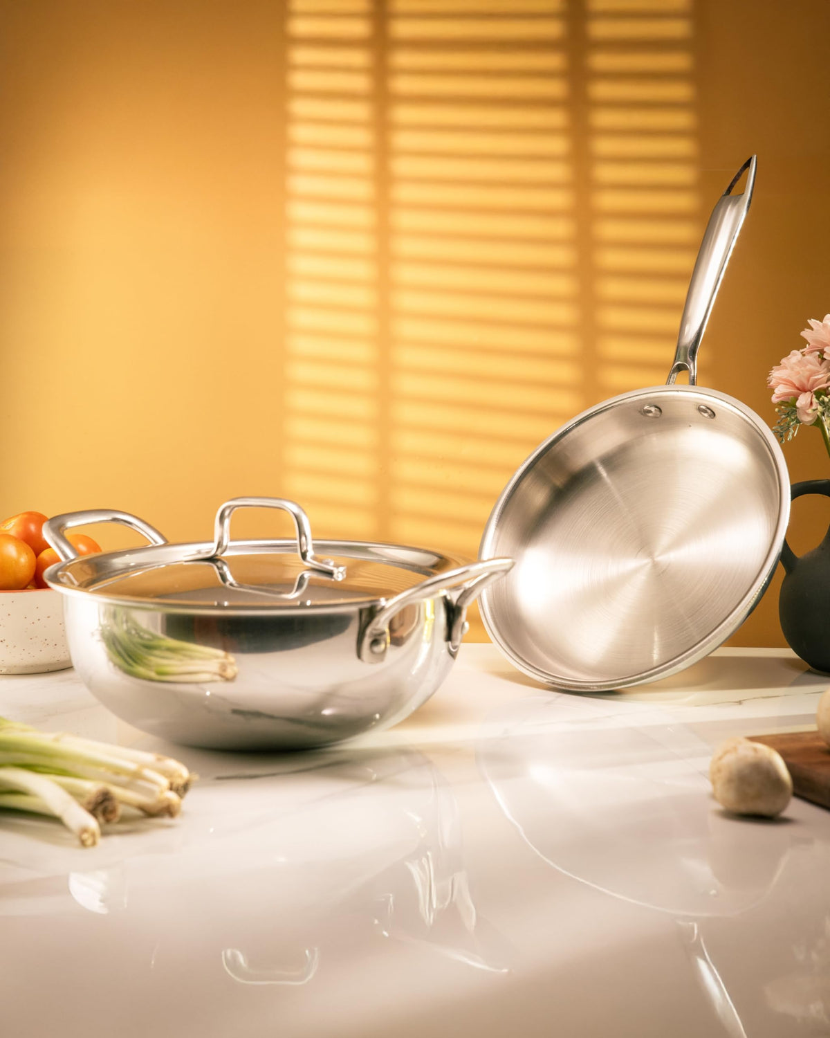 JAGGERY Triply Cookware Combo Set | 3.3 L Deep Kadai with Stainless Steel Lid & 22 cm Frypan | Induction Friendly Triply Stainless Steel Cookware