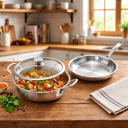 JAGGERY Triply Cookware Combo Set | 2.5 L Deep Kadai & 22 cm Frypan with Common Glass Lid | Induction Friendly Triply Stainless Steel Cookware | Heavy Duty Even Heat Distribution