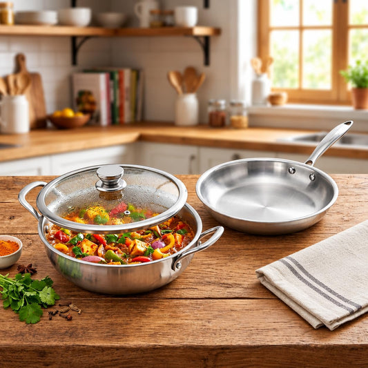 JAGGERY Triply Cookware Combo Set | 2.5 L Deep Kadai & 22 cm Frypan with Common Glass Lid | Induction Friendly Triply Stainless Steel Cookware | Heavy Duty Even Heat Distribution