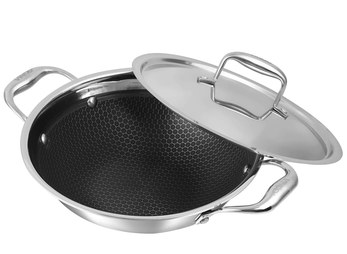 Vinod SAS Pro Platinum Triply Stainless Steel Extra Deep Kadai | HexaShield Design Stick-Resistant Surface | Metal Spatula Safe | Induction & Gas Base | PFOA Free