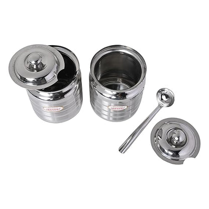 JAGGERY Stainless Steel Ghee Oil Pot Container Kitchen Storage, Dispenser Oil Container With Lid And Spoon (pack of 2pcs) Capacity-350ml