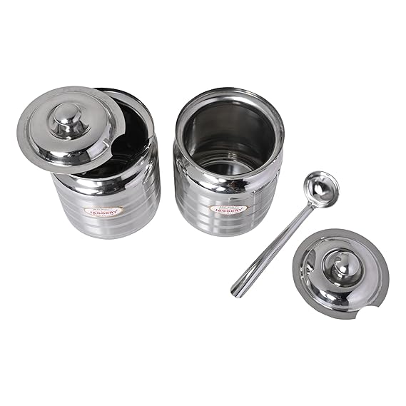 JAGGERY Stainless Steel Ghee Oil Pot Container Kitchen Storage, Dispenser Oil Container With Lid And Spoon (pack of 2pcs) Capacity-450ml