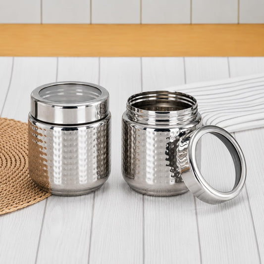 JAGGERY Stainless Steel 400 ml Hammered Container, Thread Dabbi, Airtight Dry Fruit Dabba with Seethrough Lid