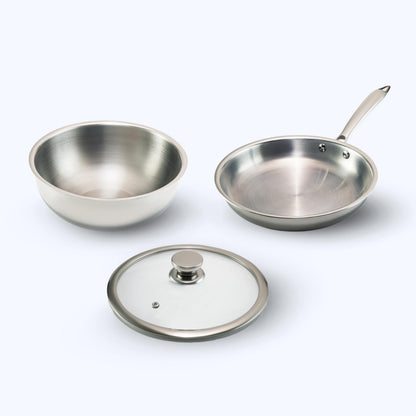 JAGGERY Triply Cookware Combo Set | 2.5 L Deep Tasla & 22 cm Frypan with Common Glass Lid | Induction Friendly Triply Stainless Steel Cookware | Heavy Duty Even Heat Distribution