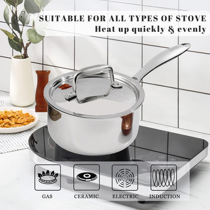 Vinod Platinum Triply Stainless Steel Saucepan with Stainless Steel Lid | 2.5 mm Thick | Tea, Chai Pan | Induction & Gas Friendly | 5 Year Warranty