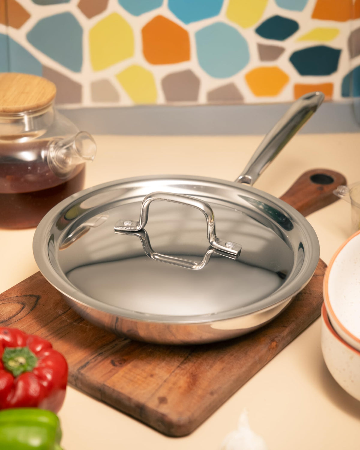 JAGGERY Triply Stainless Steel Frypan with Steel Lid | Heavy Bottom Cookware | Even Heating Surface | Induction and Gas Compatible | Heat Resistant Handle