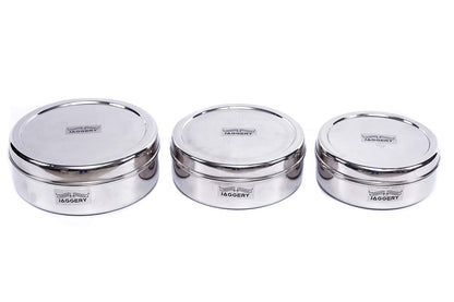 JAGGERY® Stainless Steel Container 3 Pcs Set, Puri Dabba Round Shape -Capacity-800ml,1000ml,1300ml, (Dia-17cm,18.5cm,20cm) Useful to Keep Roti,Chapati and parantha