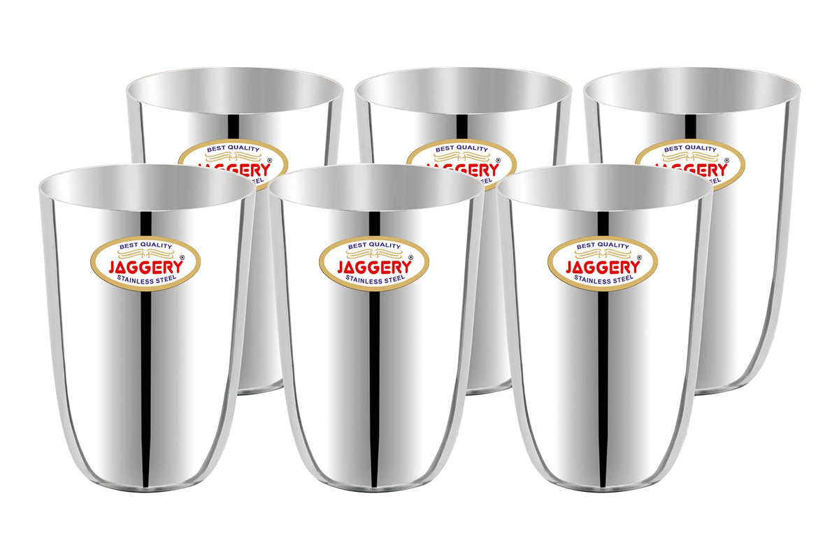 JAGGERY® Stainless Steel Drinking Water Milk Juice Apple Glass set, (Passion Glass 300ml, Pack of 6)