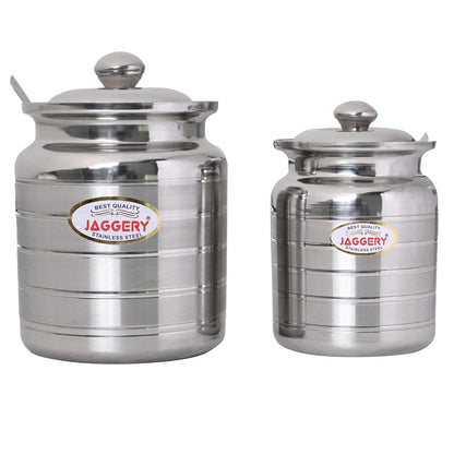 JAGGERY Stainless Steel Ghee Pot, Oil Container with spoon, Silver Touch Finish (pack of 2pcs) Capacity-600ml, (Dia-9cm, H-10.5cm)