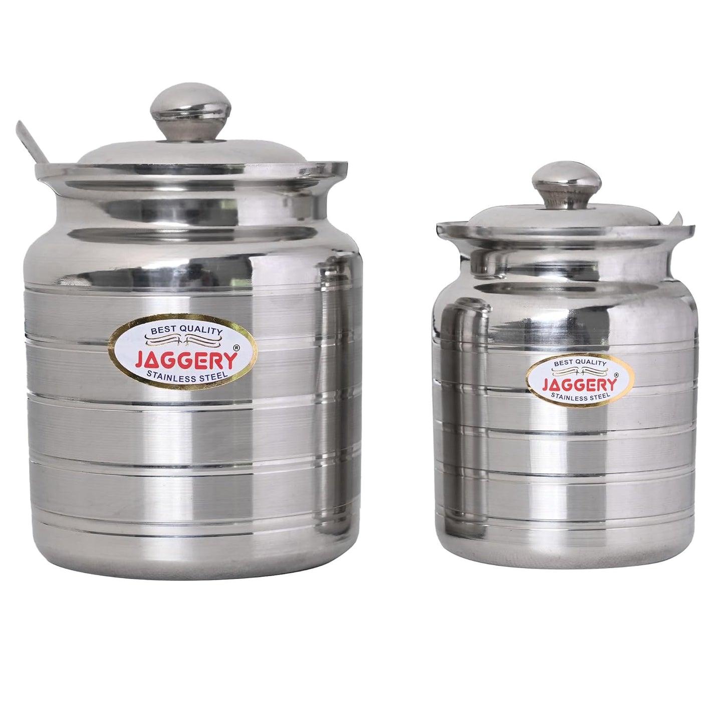 JAGGERY Stainless Steel Ghee Pot, Oil Container with spoon, Silver Touch Finish (pack of 2pcs) Capacity-600ml, (Dia-9cm, H-10.5cm)