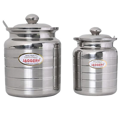 JAGGERY Stainless Steel Ghee Pot, Oil Container with spoon, Silver Touch Finish (pack of 2pcs) Capacity-600ml, (Dia-9cm, H-10.5cm)