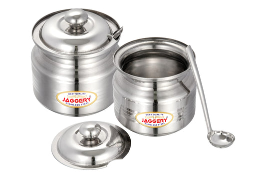 JAGGERY Stainless Steel Ghee Dani Oil Pot With Lid And Spoon, Capacity- 210ml, 350ml (Pack of 2)