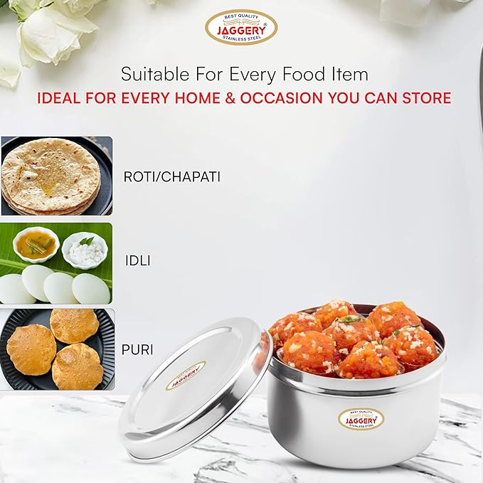 JAGGERY Brand Heavy Gauge Stainless Steel Container/Storage Box/Deep Betha Dabba/Grocery Canister/Multipurpose Dibba (Capacity- 2400Ml, Pack Of 1Pc) For Laddu/Papad/Chips/Idli, Silver