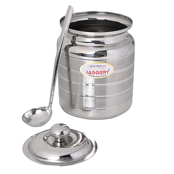 JAGGERY Stainless Steel Ghee Oil Pot Container Kitchen Storage, Dispenser Oil Container With Lid And Spoon (pack of 1pcs) Capacity-600ml, (Dia-9cm, H-10.5cm)