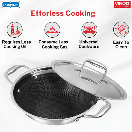 Vinod SAS Pro Platinum Triply Stainless Steel Extra Deep Kadai | HexaShield Design Stick-Resistant Surface | Metal Spatula Safe | Induction & Gas Base | PFOA Free