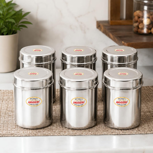 JAGGERY Stainless Steel Tall Container, Ubha Dabba, Set of 6, Silver