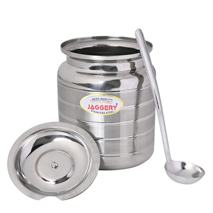 JAGGERY Stainless Steel Ghee Oil Pot Container Kitchen Storage, Dispenser Oil Container With Lid And Spoon (pack of 1pcs) Capacity-600ml, (Dia-9cm, H-10.5cm)
