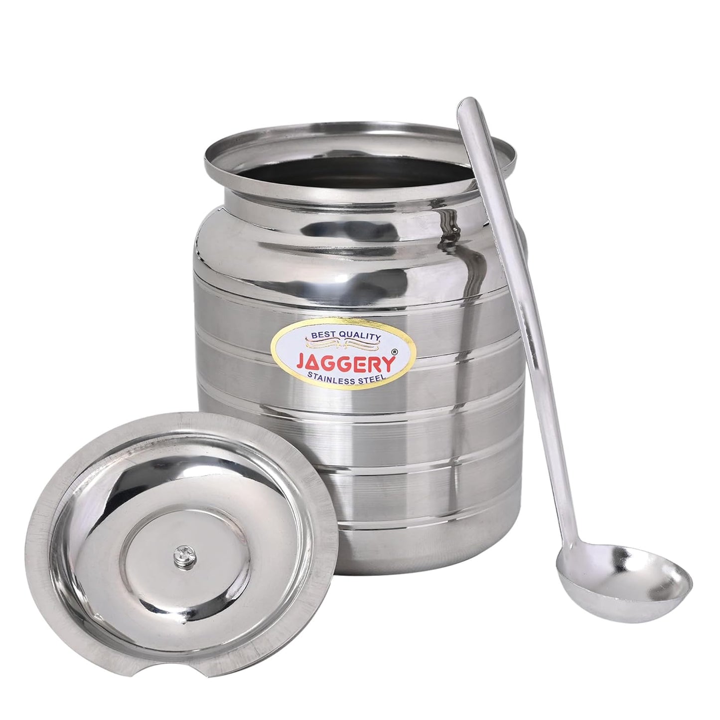 JAGGERY Stainless Steel Ghee Oil Pot Container Kitchen Storage, Dispenser Oil Container With Lid And Spoon (pack of 1pcs) Capacity-600ml, (Dia-9cm, H-10.5cm)