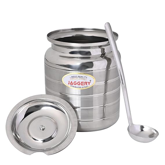 JAGGERY Stainless Steel Ghee Oil Pot Container Kitchen Storage, Dispenser Oil Container With Lid And Spoon (pack of 1pcs) Capacity-600ml, (Dia-9cm, H-10.5cm)