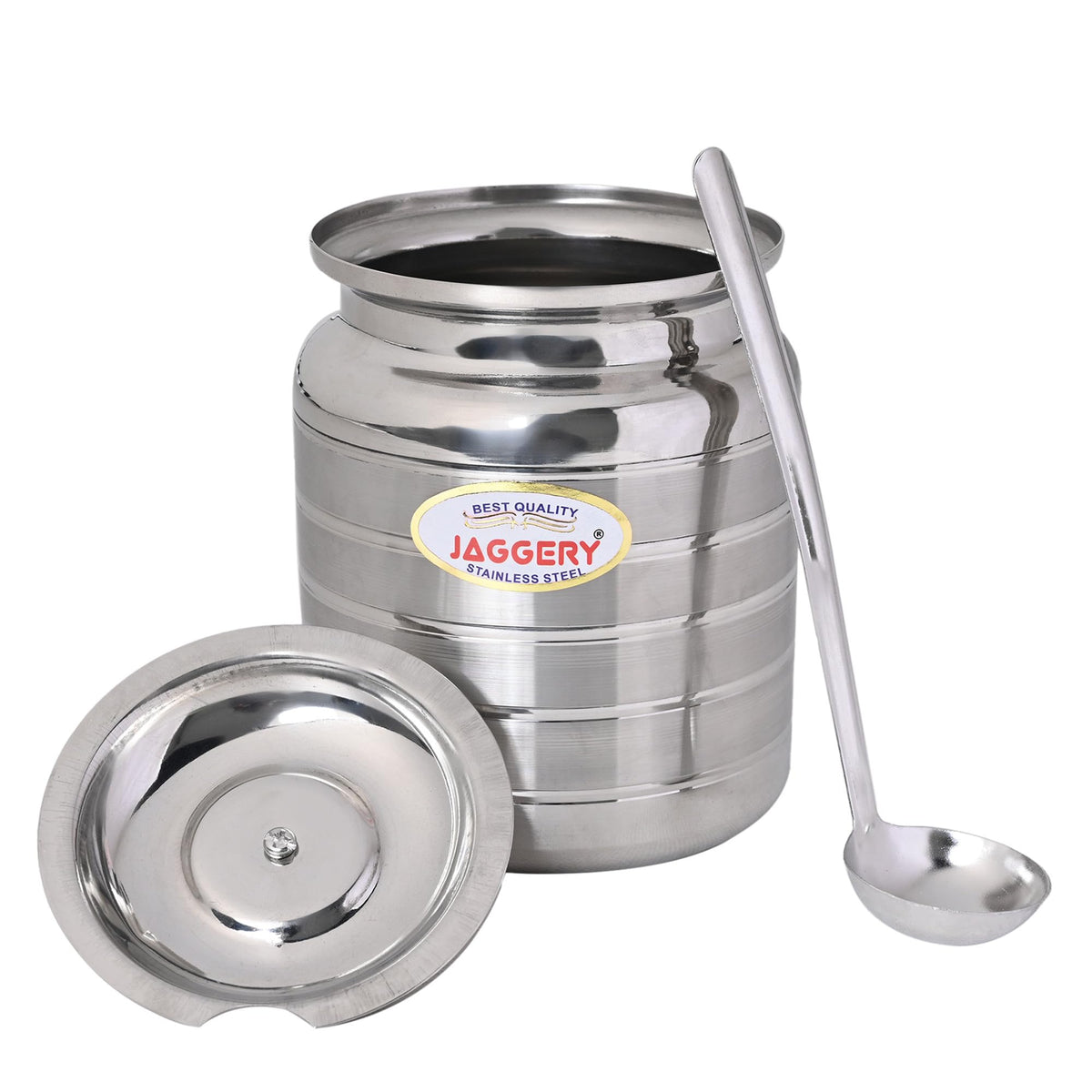 JAGGERY Stainless Steel Ghee Pot  Oil Container With Lid And Spoon (pack of 1pcs) Capacity-600ml, (Dia-9cm, H-10.5cm)