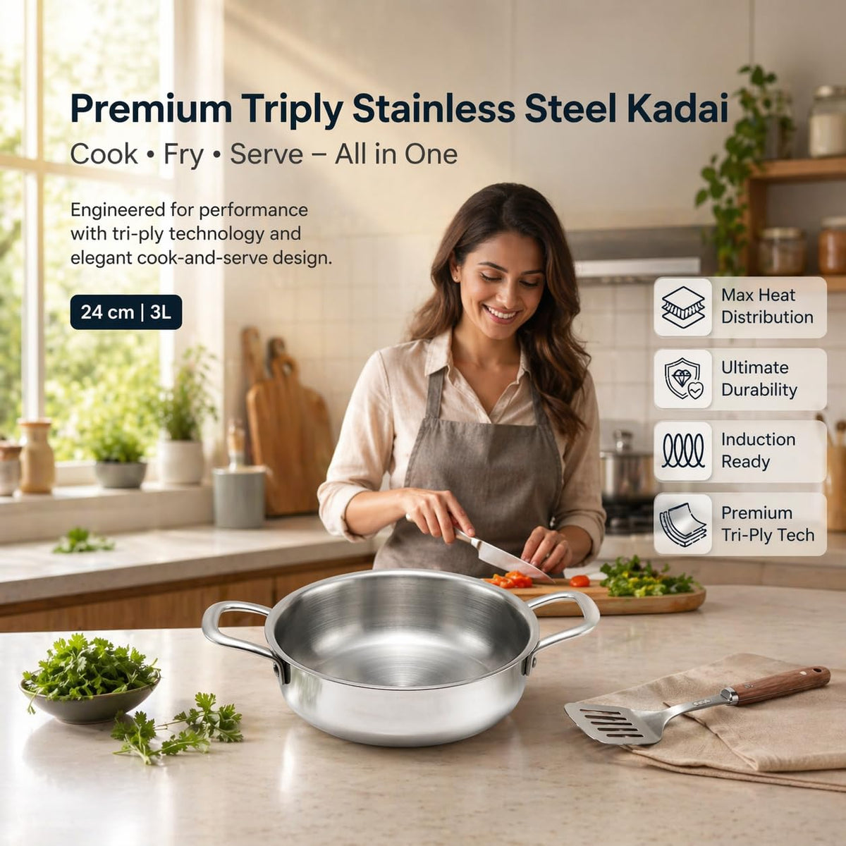 JAGGERY Triply Stainless Steel Shallow Flat Kadai | Induction & Gas Compatible Jalebi Kadai | Triply Saucepot | Frypan | Heavy Duty Stainless Steel Cookware