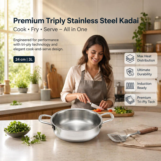 JAGGERY Triply Stainless Steel Shallow Flat Kadai | Induction & Gas Compatible Jalebi Kadai | Triply Saucepot | Frypan | Heavy Duty Stainless Steel Cookware