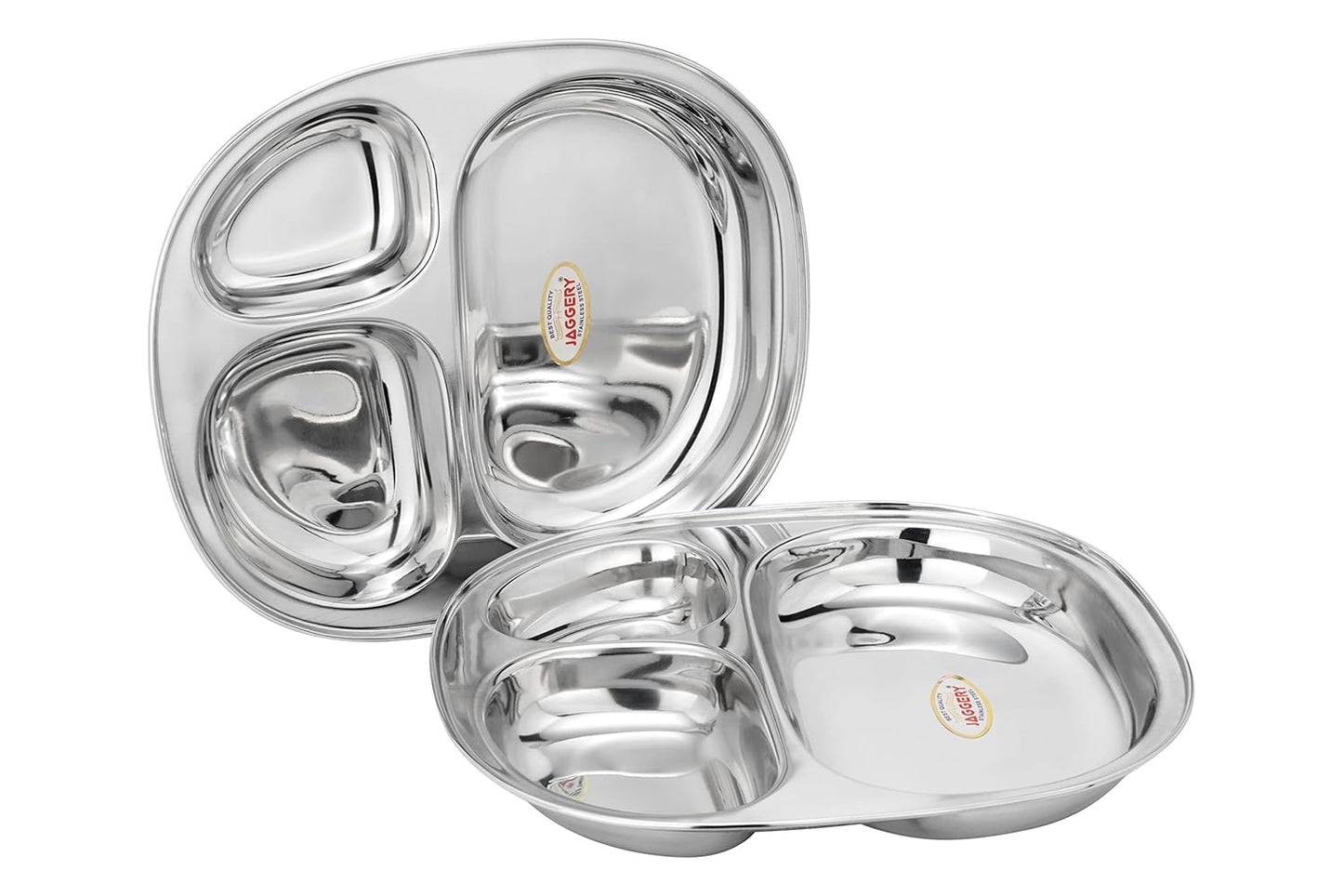JAGGERY Stainless Steel 3 in 1 Compartment Tray (L- 22cm, W-18cm, H- 3cm, Pack of 2) Bhojan Thali, Lunch,Dinner Plate