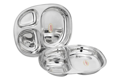 JAGGERY Stainless Steel 3 in 1 Compartment Tray (L- 24cm, W-20cm, H- 3cm, Pack of 2) Bhojan Thali, Lunch,Dinner Plate