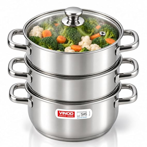 Vinod Stainless Steel 3-Tier Steamer with Glass Lid, 18 cm | 2.5 mm Thick Base