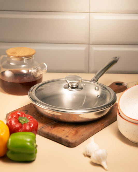 JAGGERY Triply Stainless Steel Frypan with Glass Lid | Heavy Bottom Cookware | Even Heating Surface | Induction and Gas Compatible | Heat Resistant Handle
