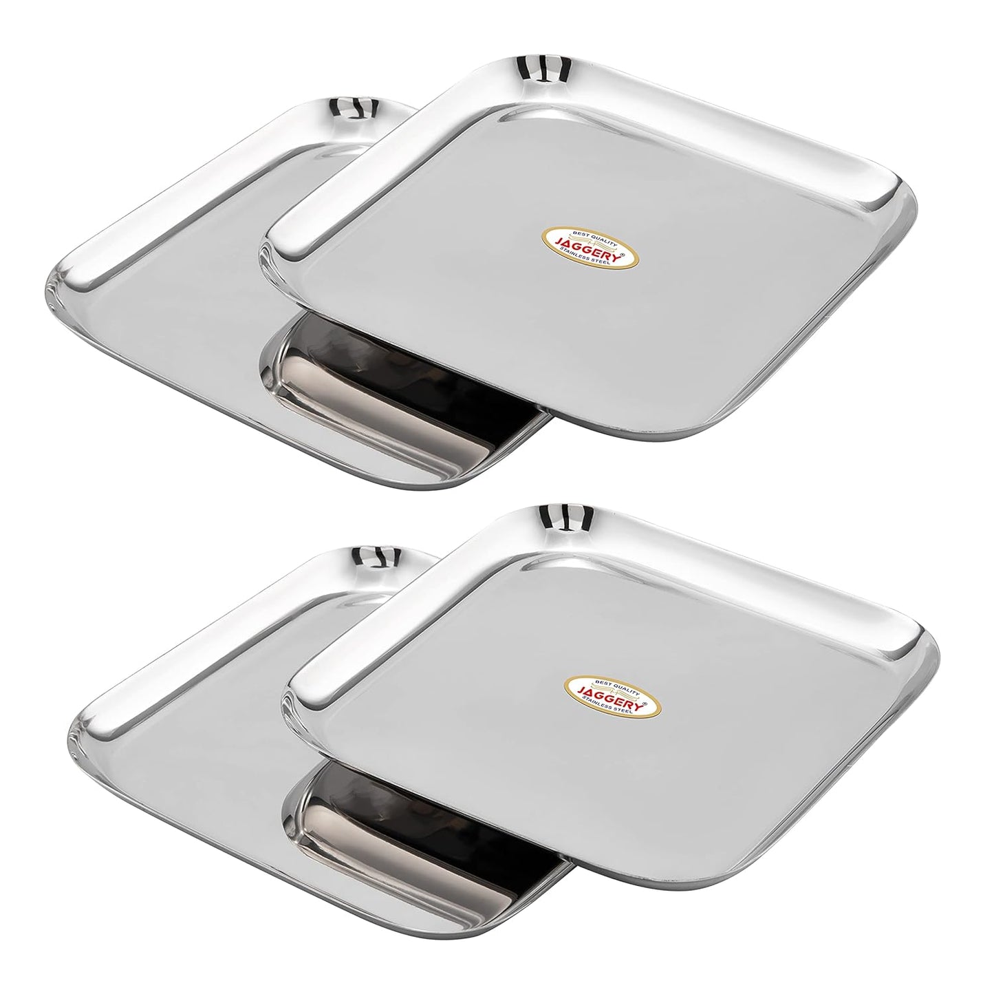 JAGGERY Stainless Steel Square Medium Dinner Plate Pack of 4 (L&W - 23cm, Weight Approx - 409 gram per Plate) Mirror Finish for Lunch, Salad Tray, Serving Tray or Snacks Plate