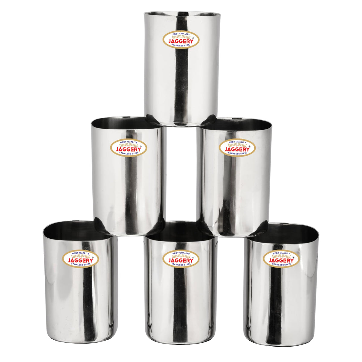 JAGGERY Stainless Steel Mirror Finish Square Shape Sturdy and Durable Glass Set of 6 Pcs - (300ml Each)