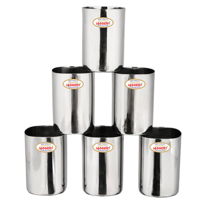 JAGGERY Stainless Steel Mirror Finish Square Shape Sturdy and Durable Glass Set of 6 Pcs - (300ml Each)