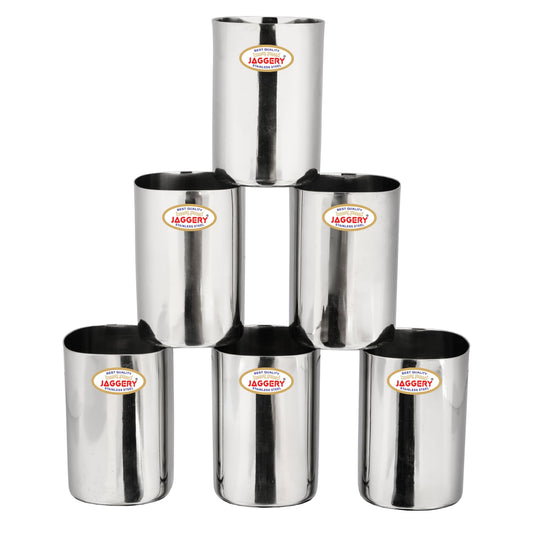 JAGGERY Stainless Steel Mirror Finish Square Shape Sturdy and Durable Glass Set of 6 Pcs - (300ml Each)